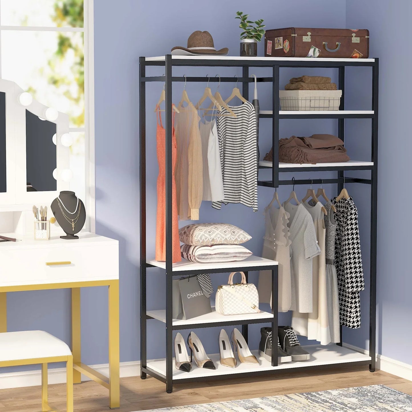 Stable Black & White Freestanding Closet Organizer, 120 Cm Wide Garment Racks