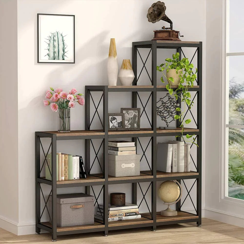 Stable Bookshelf, 12 Shelves Industrial Ladder Bookcase