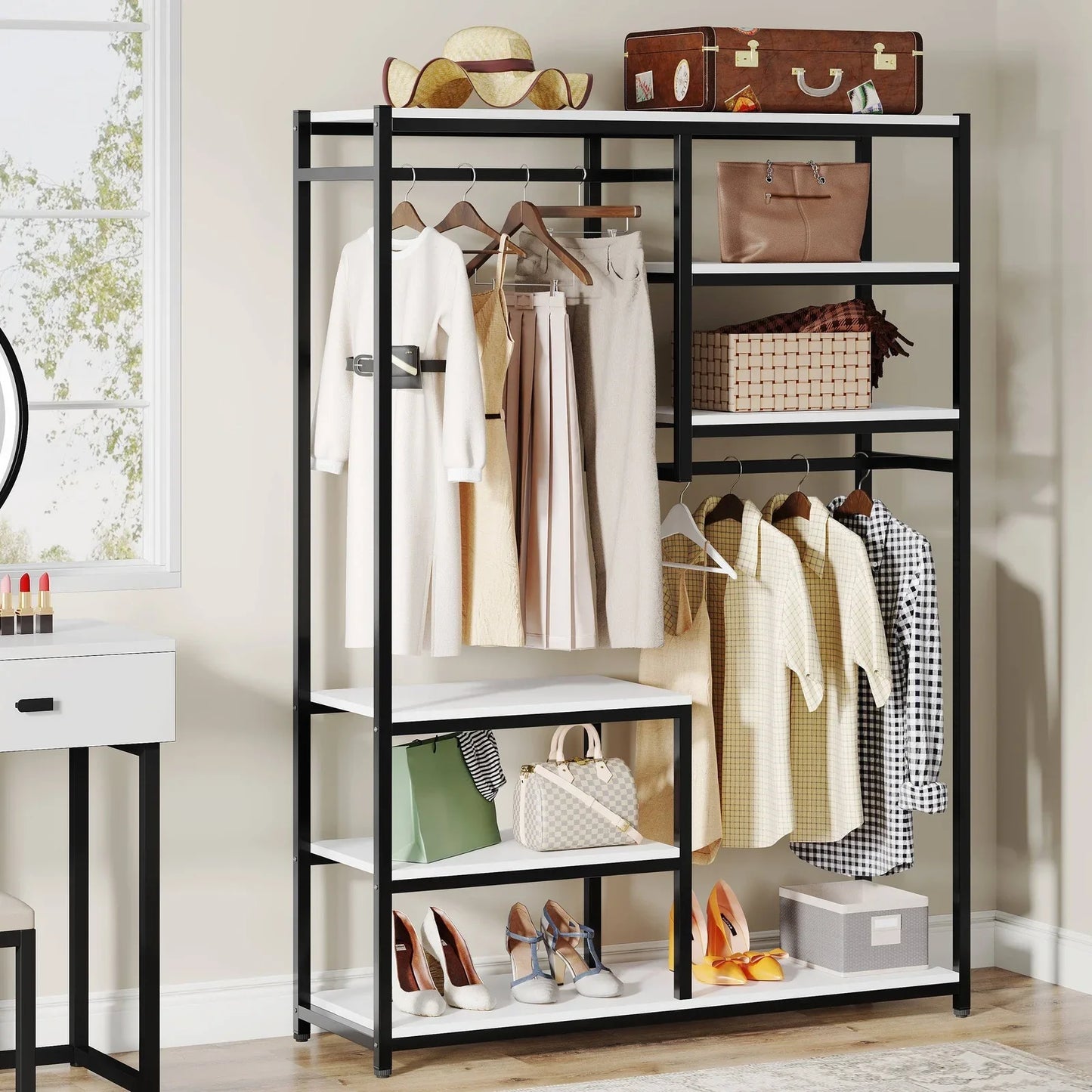 Stable Black & White Freestanding Closet Organizer, 120 Cm Wide Garment Racks