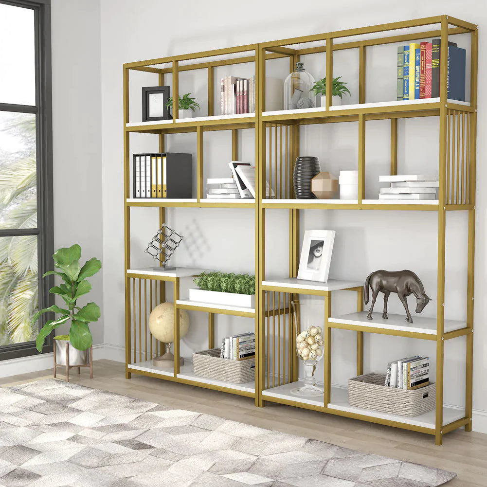 Stable Bookshelf, 7-Open Shelf Bookcase with Gold Sturdy Metal Frame