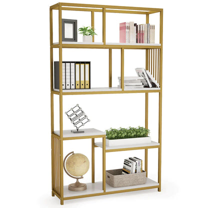 Stable Bookshelf, 7-Open Shelf Bookcase with Gold Sturdy Metal Frame