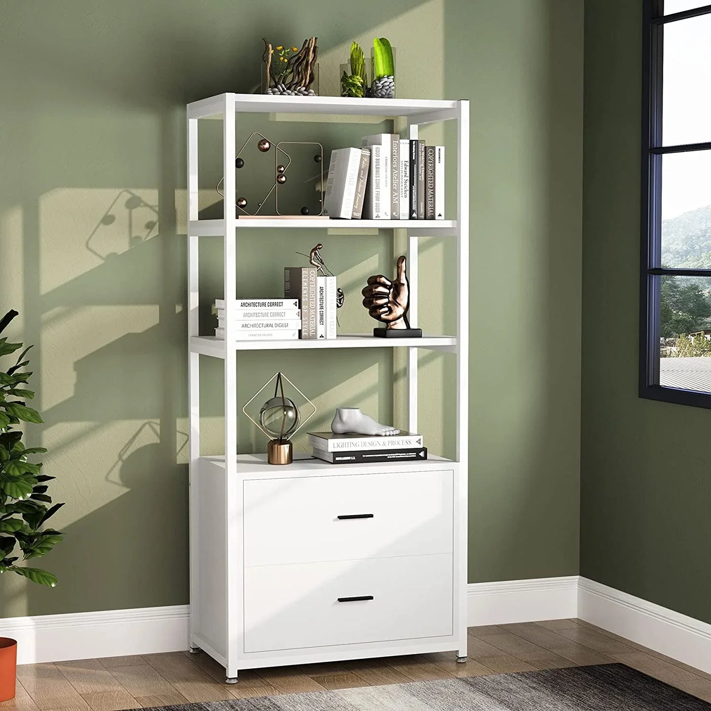 Stable Bookshelf, 4 Tier Etagere Display Bookcase with 2 Drawers