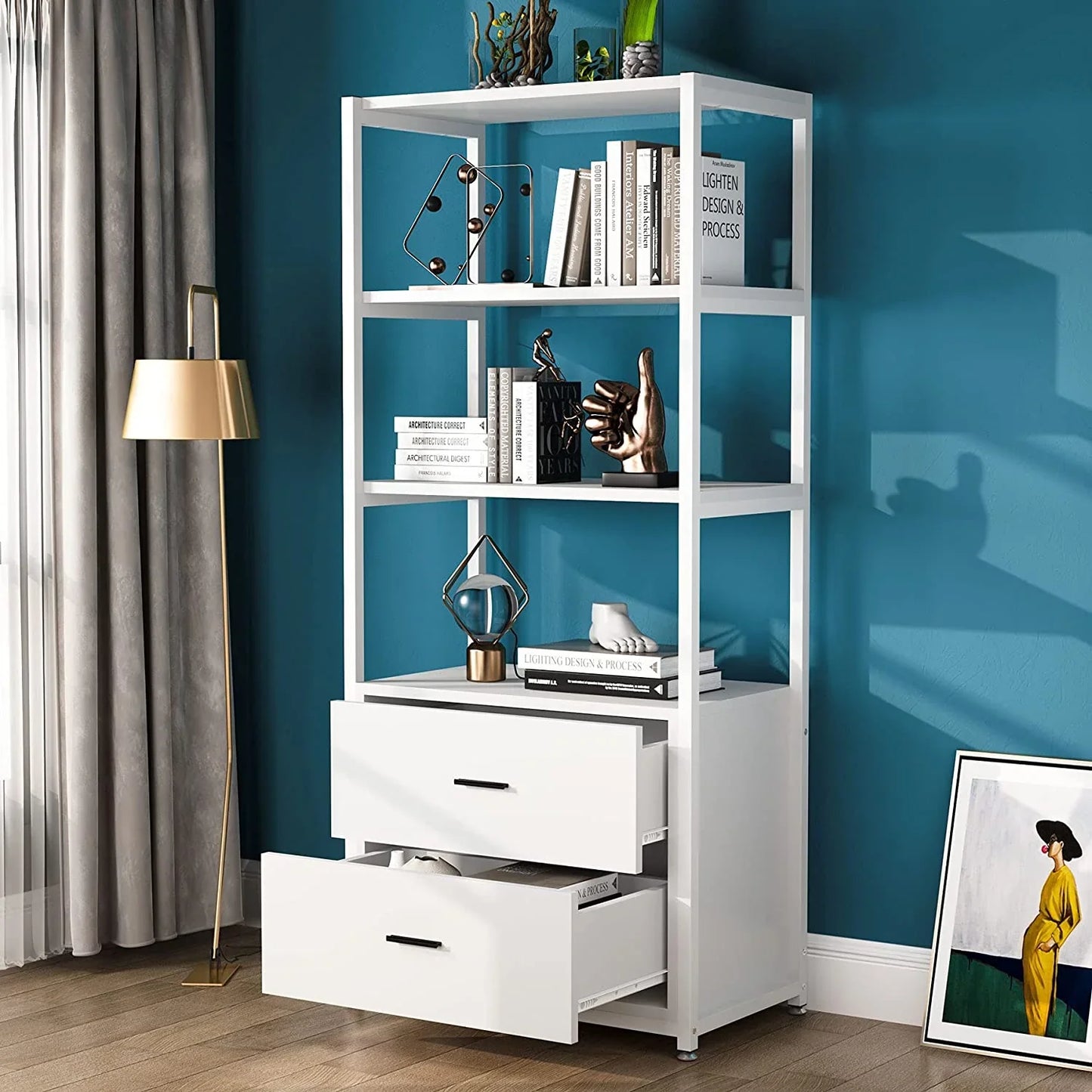 Stable Bookshelf, 4 Tier Etagere Display Bookcase with 2 Drawers