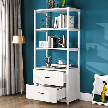 Stable Bookshelf, 4 Tier Etagere Display Bookcase with 2 Drawers