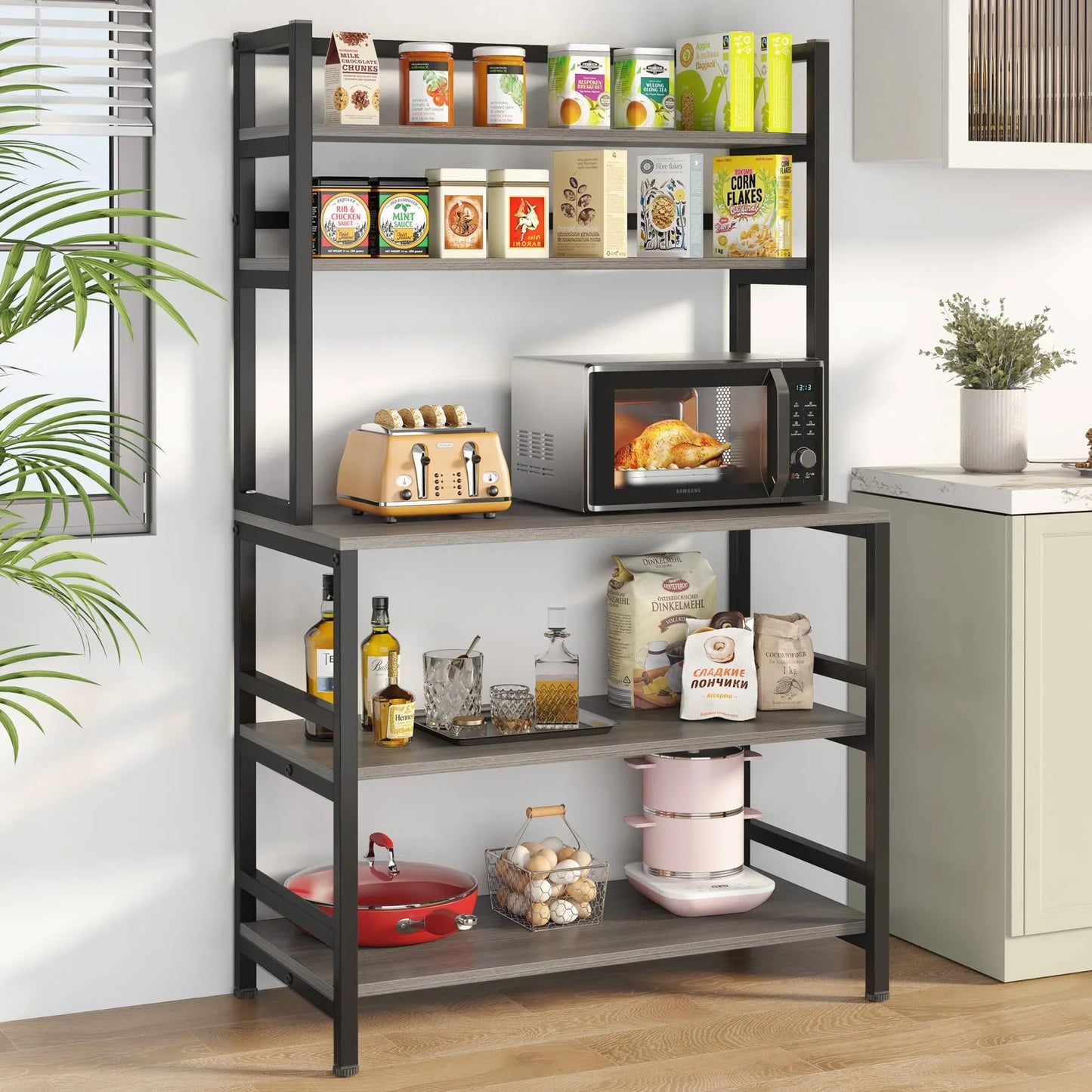 Stable Black & Grey  Kitchen Baker's Rack, 5-Tier Freestanding Kitchen Utility Storage Shelf