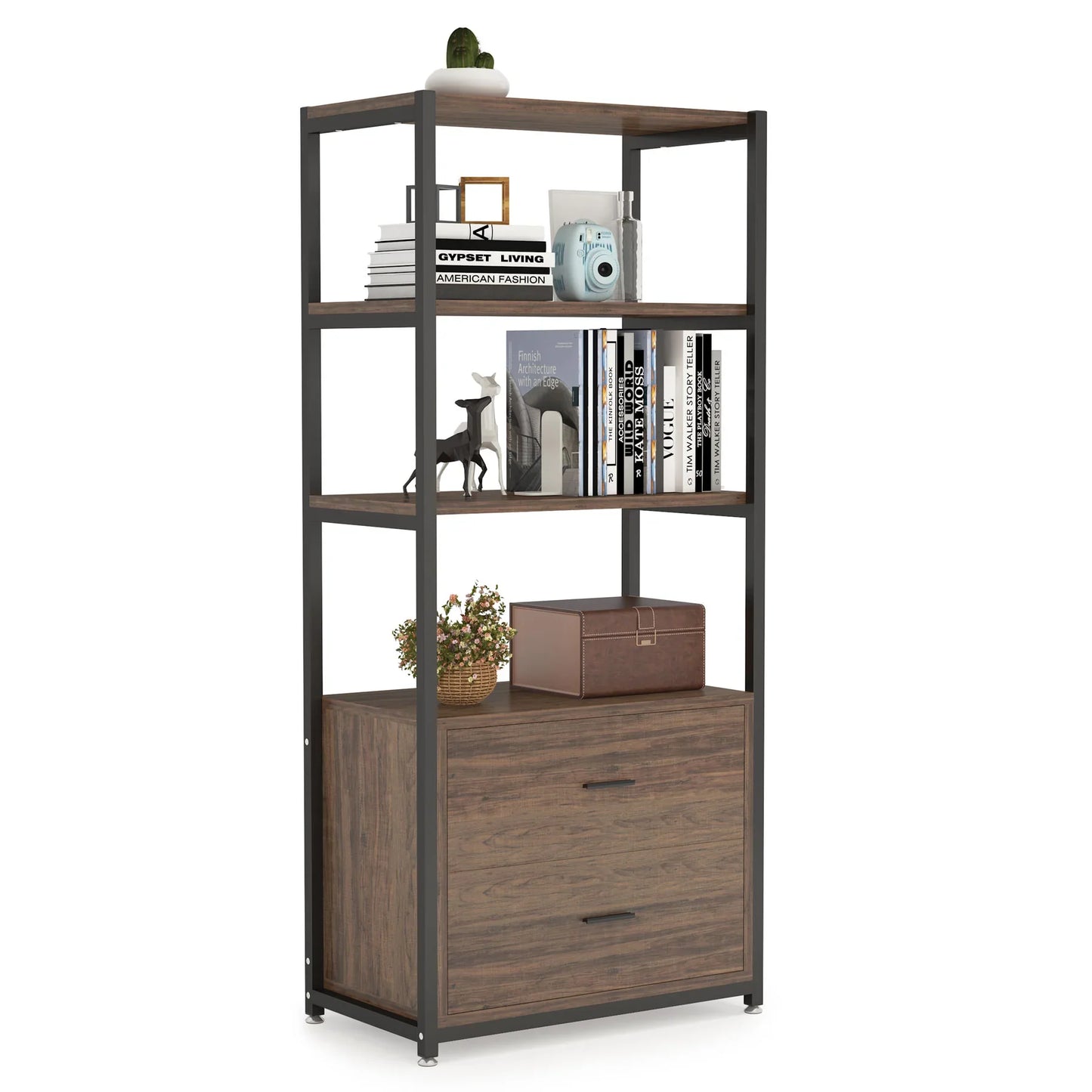 Stable Bookshelf, 4 Tier Etagere Display Bookcase with 2 Drawers