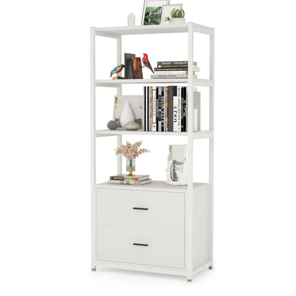 Stable Bookshelf, 4 Tier Etagere Display Bookcase with 2 Drawers